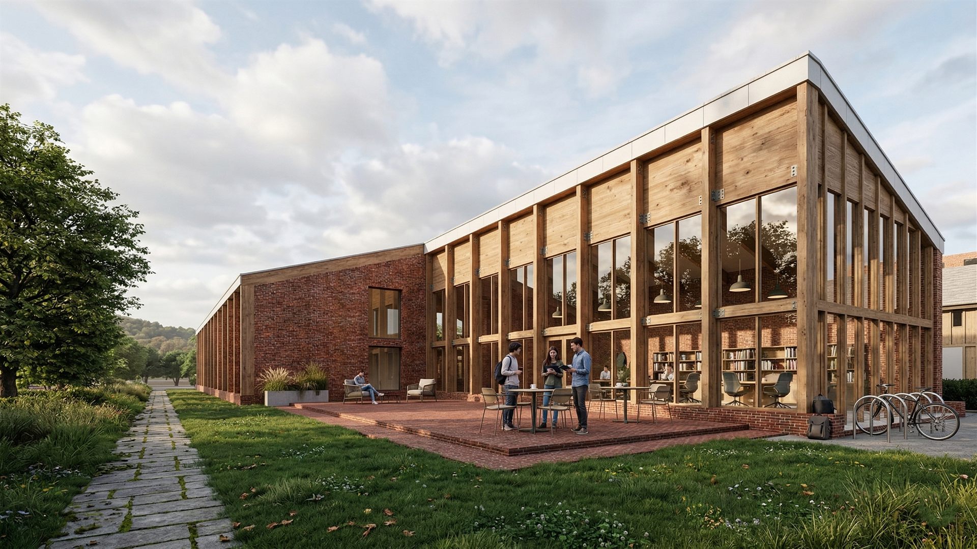 Salle polyvalente, abords en journée